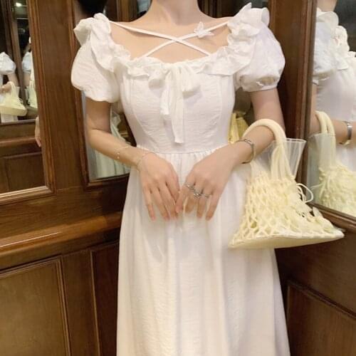 Long Vintage Creamy-white Women Dress Summer Elegant Fairy Lady Party Night Vacation Beach Dress Ruffle Runway 2020 Vestidos New