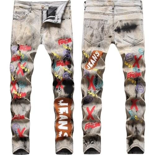 Jeans for men Hip hop High street Slim skinny jeans fashion high quality cotton pattern printing trousers male ripped jeans