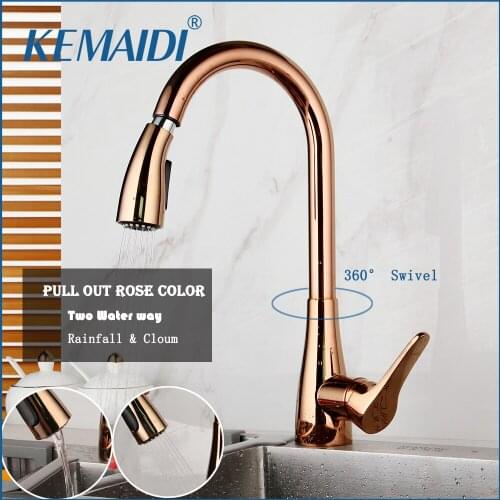 KEMAIDI Rose Kitchen Faucets Silver & Black Single Handle Pull Out Kitchen Tap Single Hole Handle Taps Swivel 360 Water Mixer