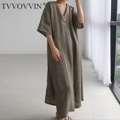 Korea Loose Long Overknee Korean Trend Vintage Dresses With Pockets 2020 Summer New Short Sleeve V-neck Cotton Linen Y016