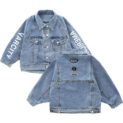 Little Girl Varcity Streetwear Denim Jacket Long Sleeves Print Letter Coat 120cm-170cm American Jean Jacket Coat
