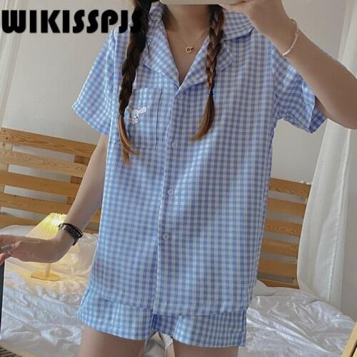 WIKISSPJS Summer Plaid Embroidered Pajamas Cartoon Cute Japanese Student Home Wear Two Piece Set Summer Pajamas for Teen Girls