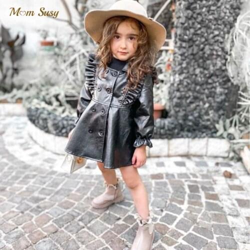 Fashion Baby Girls PU Leather Jacket Ruffle Infant Toddle Trench Coat Kid Windbreaker Spring Autumn Baby Girl Clothes 1-8Y