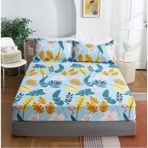 [Fitted Sheet Mattress Cover]100% Cotton Leaf Print Bedding Linens Bed Sheets With Elastic Band Double Queen Size no pillowcase