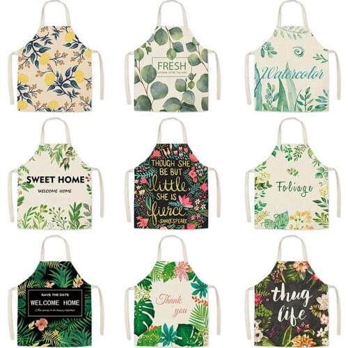 New Hot Selling Simple Ins Green Leaf Apron Kitchen Apron Cooking Work Clothes Overalls Linen Waist Apron Adult Apron