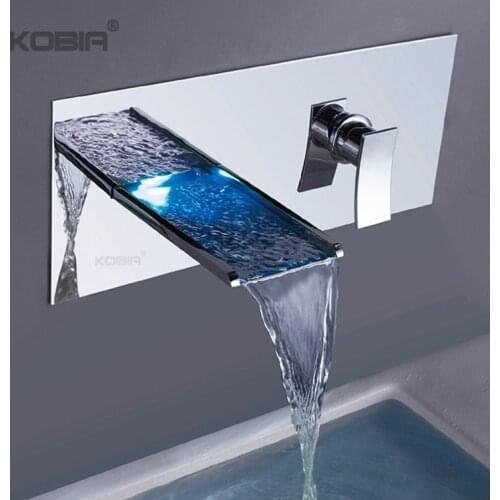 New arrival led light waterfall sink faucet 3 color change chrome brass wall mounted shower bathroom led faucet