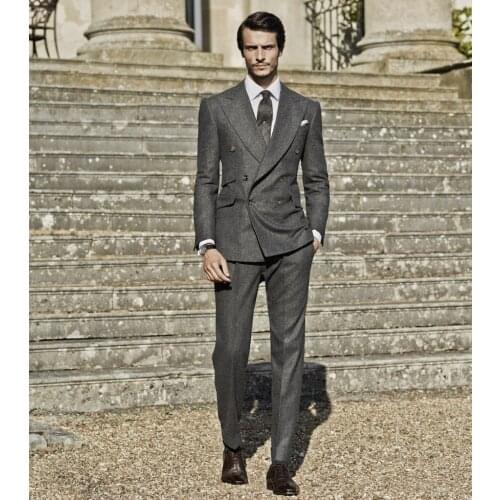 New Winter Smoking Grey Tweed Men Suit Double Breasted Tuxedo Slim Fit 2 Piece Groom Wedding Suits Custom Blazer Terno Masculino