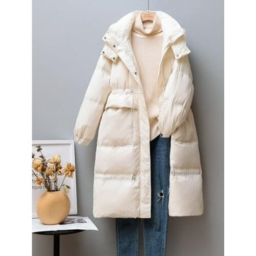 Down jacket womens mid-length thick 2021 Korean fashion loose and thin white duck down hooded long-sleeved jacket