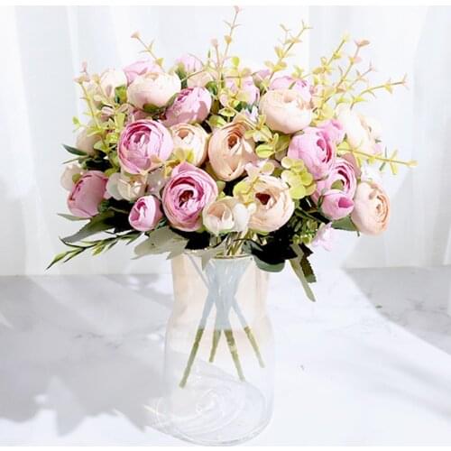 Silk Roses Artificial Flowers Bridal Small Bouquet for Home Wedding Christmas Decoration High Quality Plastic Fake Flowers Decor