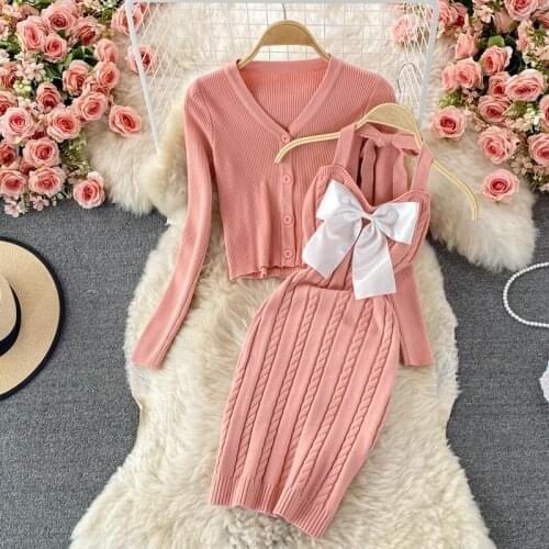 All-match Knitted Dress Sets Autumn New Long-sleeved Sweater Cardigan Jacket + Halter Strapless Bow Drecoration Bag Hip Dress