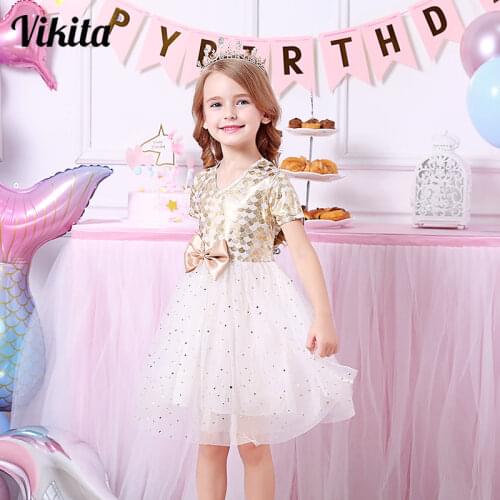 VIKITA Kids Bow Dresses for Girls Kids Evening Wedding Gown Girls Sequins Princess Dress 3-8 Years Children Elegant Dresses