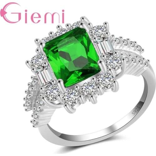 High Quality 925 Sterling Silver Geometric Ring With Square Green Opal Shiny Cubic Zirconia Women Party Jewelry