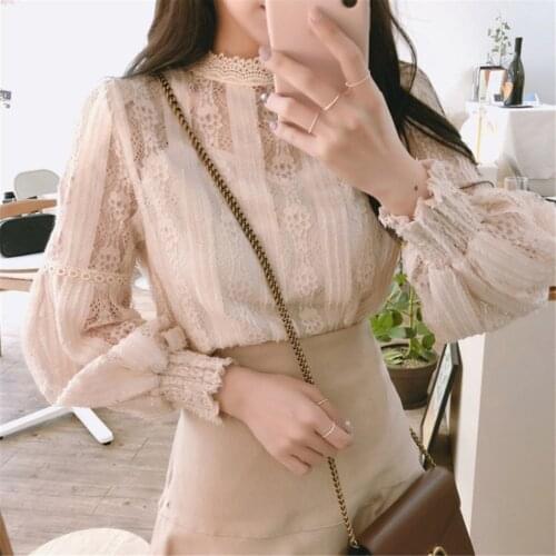 Korean Sweet Women Blouses Autumn Long Sleeve Lace Blouse for Women Vintage Spliced Solid Women Blouse Blusas Mujer De Moda 2021