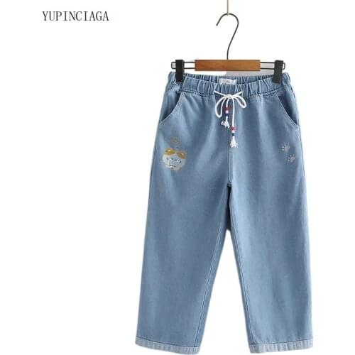 Women Jeans Pants Casual Loose Rope Elastic Waist Cute Cat Embroidery Denim Calf-Length Pant 2021 Summer Female Trousers 2116090