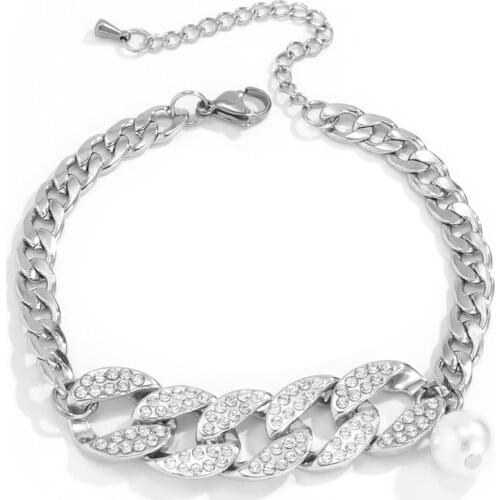 POTCET Womens Stainless Steel Pearl Titanium Steel Bracelet Cuban Chain Geometric Fashion Hip Hop Personality Party Jewelry