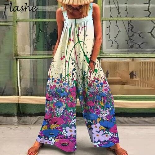 Retro Flower Print Women Jumpsuit Summer Elegant Sleeveless Long Bodysuit Causual Jumpsuit Women Pocket Loose Trousers Romper