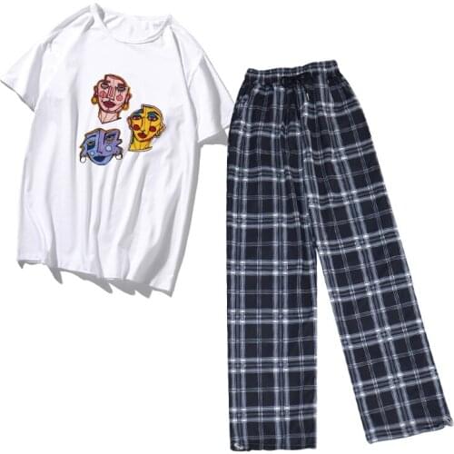 Summer Suit Women Clothing Sets Funny Vetement Femme 2021 Grunge Fashion Plaid Pants Women Casual Chic Abstract Graphic Tee Tops