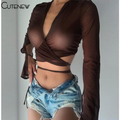Cutenew Sexy Mesh See Through Mesh Long Sleeve V-Neck T-Shirt Women 2021 Autumn Solid Slim Wild Bandage Crop Top Lady Streetwear