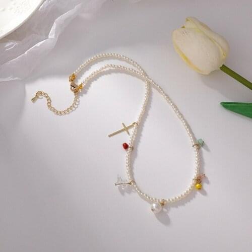 U-Magical Japanese Simulation Bead Pearl Cross Pendant Necklace for Women Fashion Irregular Resin Asymmetric Necklace Jewelry