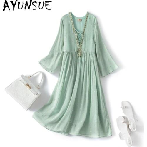 AYUNSUE 2021 New Silk Dress for Women Elegant Long Sleeve Dresses Ladies Summer V-neck Beach Dress Famale Vestido Feminino SQQ43
