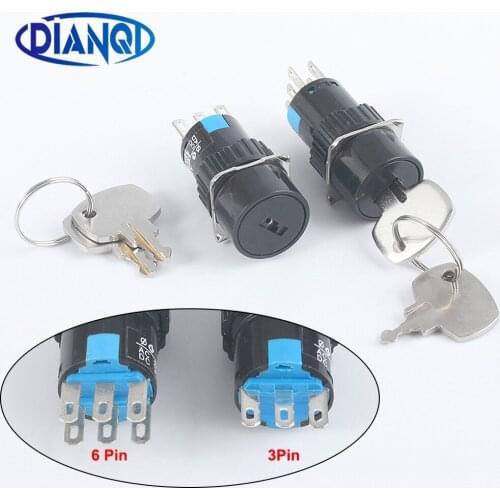 3/6pins Small-sized Fixed Lock Button Latching 2/3 position Key Knob 1NC1NO/2NO2NC Choice Switch 16MM Rotary switch Selector