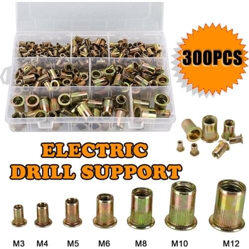 300PCS M3-M12 Rivet Nut Assortment Kit Carbon Steel Zinc Plated Multi Size Sleeve Nuts Flat Head Rivet Nuts Set Hardware Parts