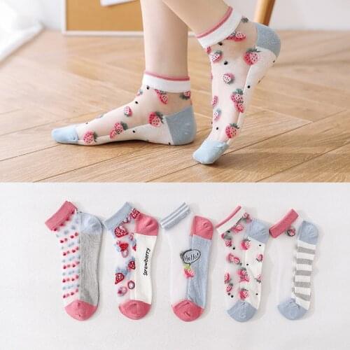 5Pairs/lot Fashion Women Lace Socks Sweet Fruit Ankle Socks Crystal Silk Socks Funny Colorful Transparent Short Girls Socks