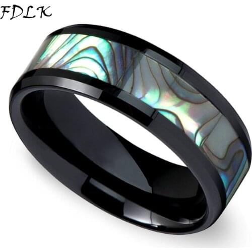 8mm Mens Beveled Black Ceramic With Abalone Shell Inlay Fashion Ring of Men High Quality Engagement Wedding Band Size 6-13
