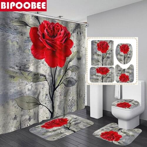 Big Red Flower Art Print Shower Curtain Waterproof Polyester Bathroom Curtains Anti-slip Bath Mat Toilet Rugs Carpet Home Decor