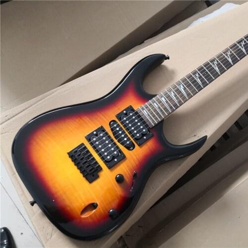 Free shipping 6 string electric guitar,Ultra-thin body,sunburst flamed maple veneer fixed bridge,HSH pickups,black buttons