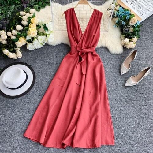 HISUMA summer new womens Deep V-Collar Sleeveless lace-up bow chiffon Feminine Dress female V-neck elegant waist A-line dresses