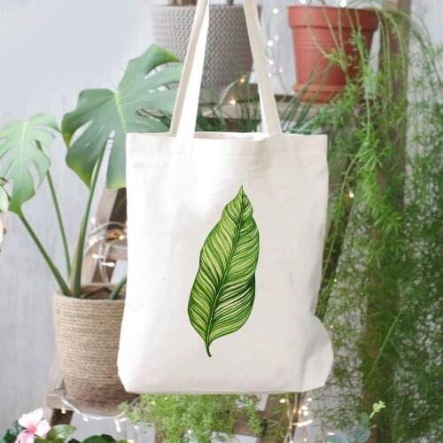 Women Canvas Shoulder Book Bags Eco Handbag Tote Female Shopper Reusable Foldable Storage Bag Banana Leaf Printed Shopping Bags