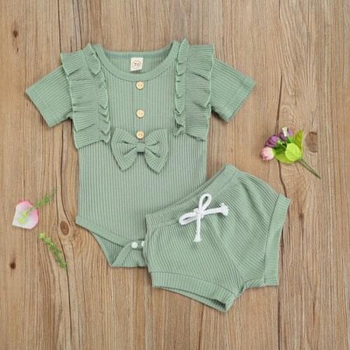 Baby Solid Color Clothes Set, Girls Short Sleeve O-neck Bowknot Ruffles Bodysuits with Ruffles + Drawstring Shorts Summer 2021