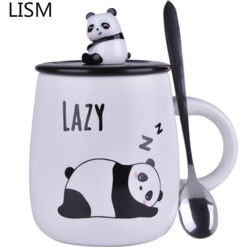 Panda Ceramic Mug with Cover Spoon Cartoon Coffee Mugs Cute Personalised Creative Milk Tea Cup Breakfast Coffee Cup Travel Tazas