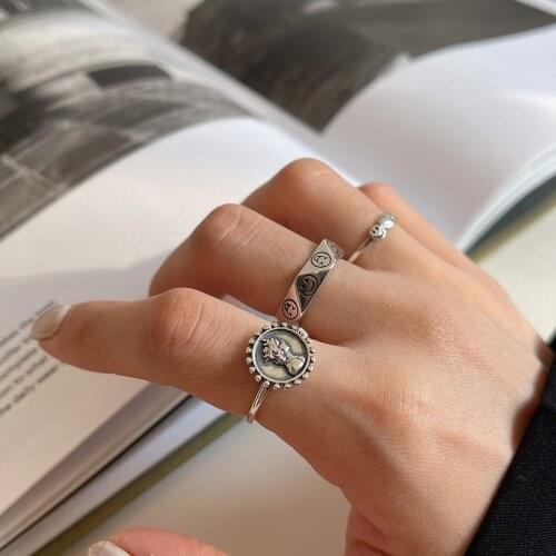 Retro Authentic S925 Sterling Silver Fine Jewelry Smile Coin /heart Rings TLJ1695