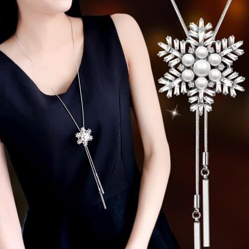 Korean Fashion New Pearl Crystal Snowflake Pendants & Necklace Sweater Chain Long Female Collares De Moda 2019