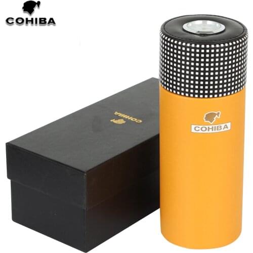 COHIBA Leather Cigar Tube Jar Portable Cedar Wood Humidor Box Cigar Case W/ Humidifer Hygrometer Fit 5 Cigars Humidor