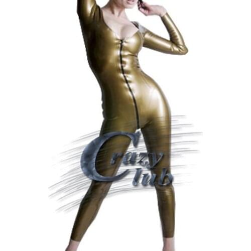 Crazy club_Latex Women Catsuit Clothes New arrival Latex catsuit with gold zip the front latex fetish long sleeve latex catsuit
