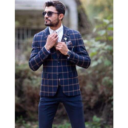 Fashion Plaid Mens Suits Casual Wedding Groom Tuxedo Classic Formal Business Blazer 3 Piece Sets Ropa Hombre (Jacket+Vest+Pants)