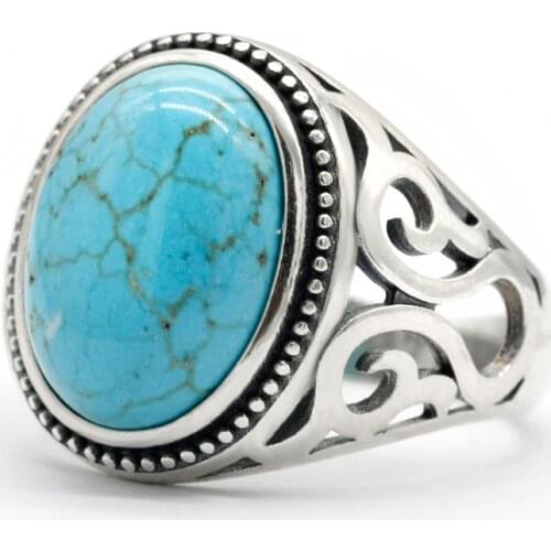New Hot Selling 925 Sterling Silver Mens Ring Large Turquoise Mens Punk Ring High Jewelry