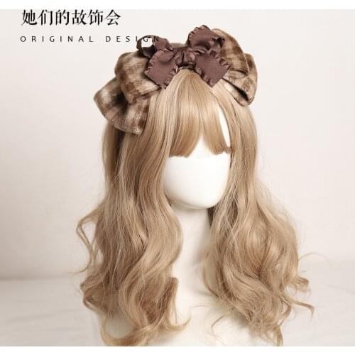 Retro French Women Plaid Hair hoop Handmade Elegant Lolita Mori Girl Big Bowknot Hair Band Headband Soft Sister Headdress