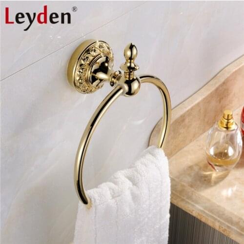 Leyden Luxury Solid Brass Polished Gold Towel Ring Towel Hanger Gold Flower Carving Gold Base Towel Holder Bathroom Accessories