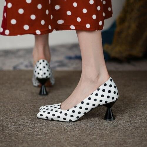 Womens Duckbill Toe Dots Strange Irregular High Heel Satin Silk Sandals Shoes Real Leather Black White New 2021