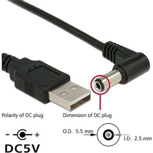 80cm USB 2.0 A Type Male to Right Angled 90 Degree 5.5 x 2.5mm DC 5V Power Plug Barrel Connector Charge Cable