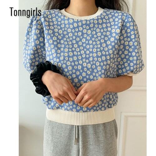 Tonngirls Spring Summer O-neck Thin Knitted Sweater Women Floral Tee Shirt Loose Casual Korean Chic Puff Sleeve Sweet T-shirt