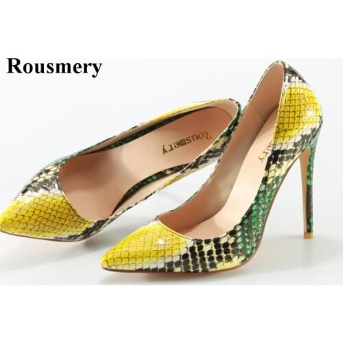 High Quality Women Fashion Shining Snake Leather Pointed Toe Pumps Patchwork Color High Heels Formal Dress Shoes