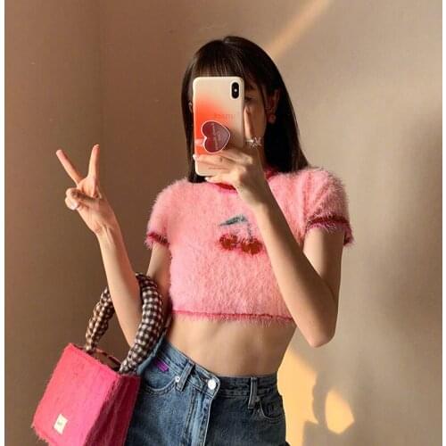 2021 Pink Knitted Short Sleeve T-shirt Women Slim Cute Cherry Printed Plush Streetwear Ladies Crop Top Round Collar Y2K Tops