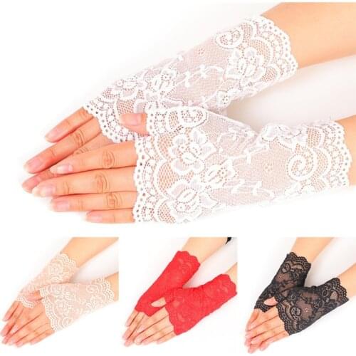 Ladys Fingerless Black Floral Lace Gloves Summer Thin UV-Proof Driving Gloves Gothic Sexy Short Hollow White Red Party Gloves