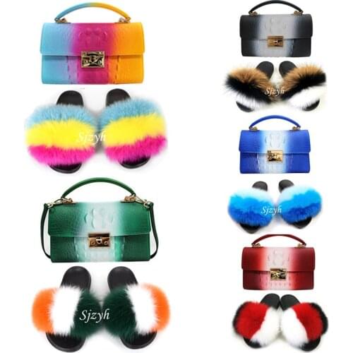 Womens Summer Fluffy Slippers Colorful Rainbow Shoulder Bag Shoes Sets Ladies Furry Slides Matching Purses Plush Sandals Handbag