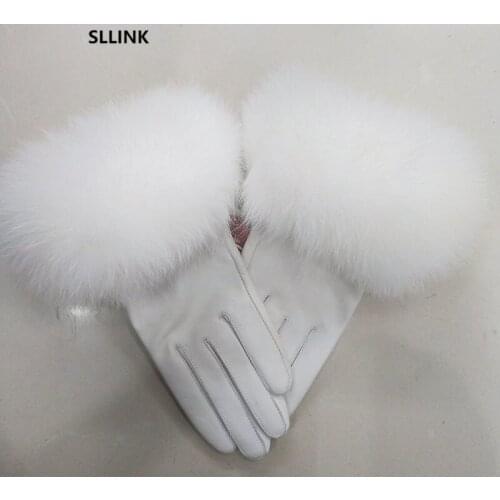 Female Luxury Real Leather Gloves With Real Fox Fur Cuff Women Warm Winter Genuine Leather Gloves Ladies Casual Hand Warmer